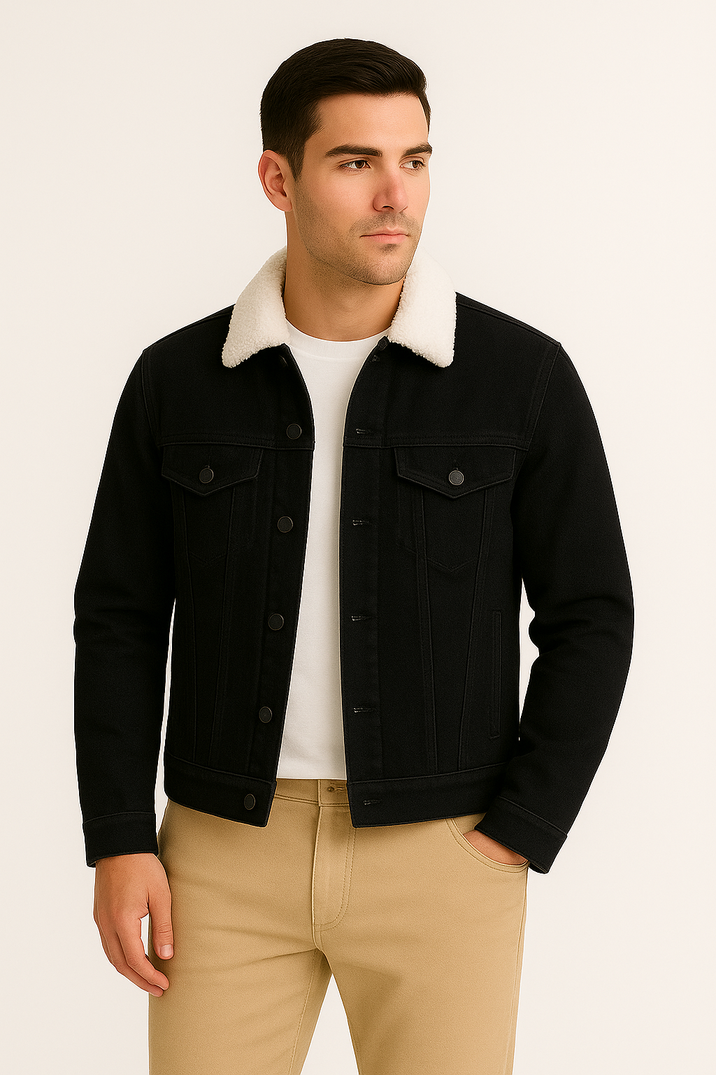 Black Denim Jacket with White Fur