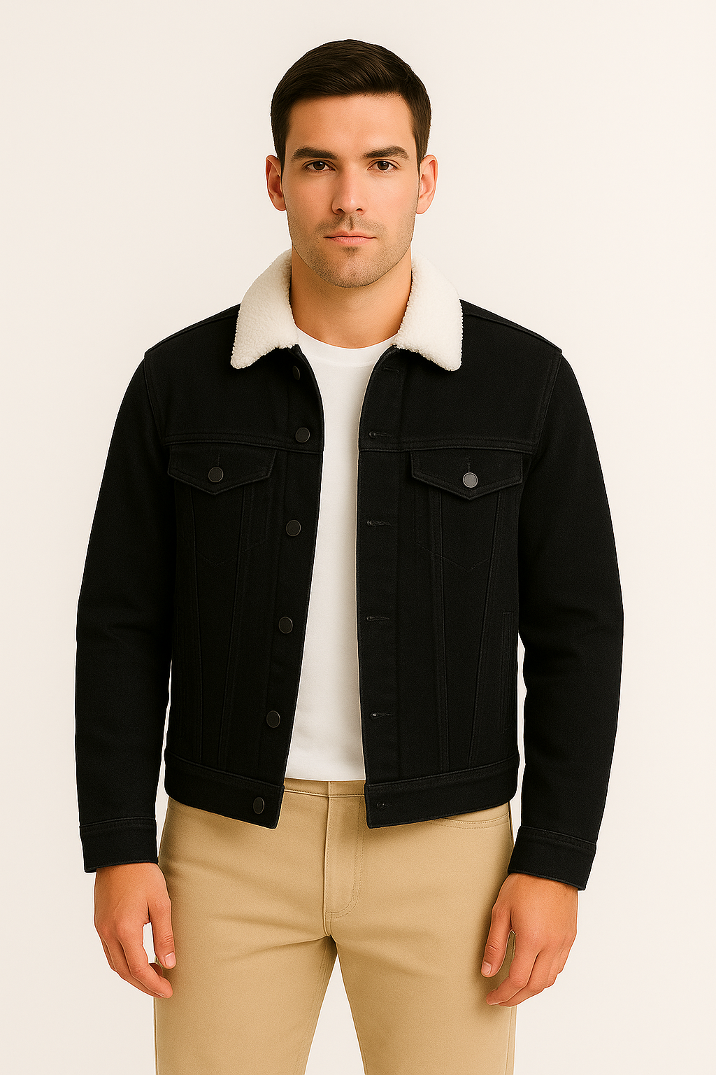 Black Denim Jacket with White Fur