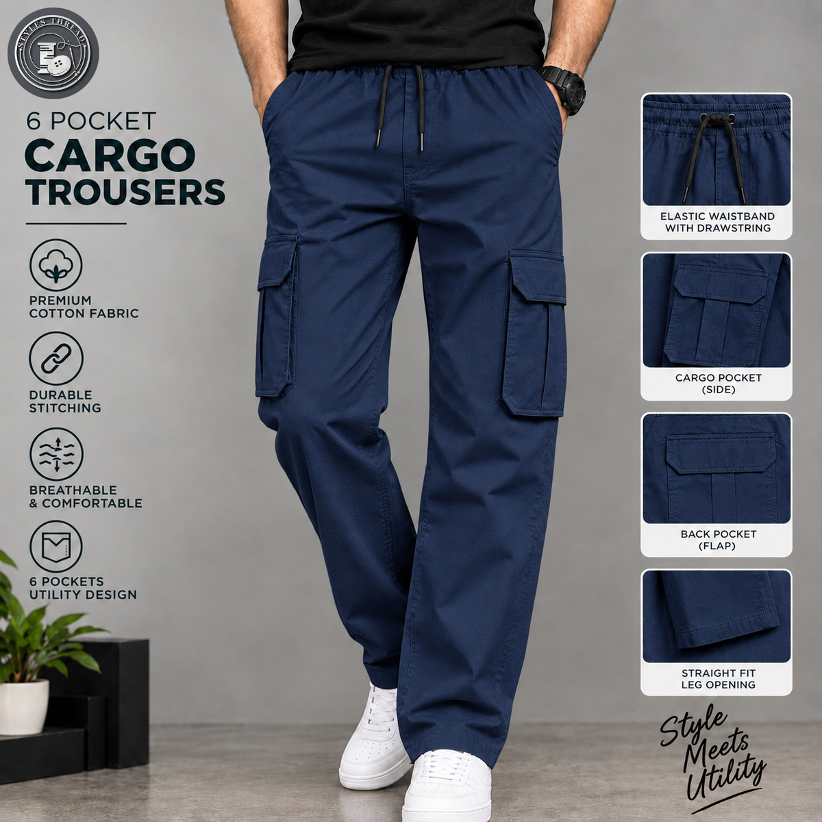 Blue 6 Pocket Trousers for Men- Relax Fit Cargo Trousers