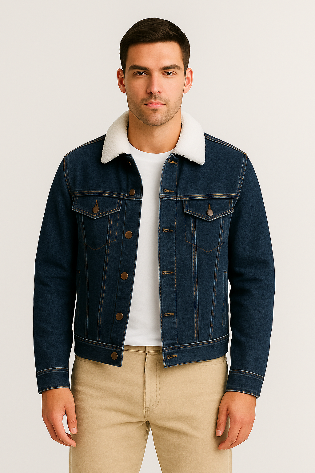 Dark Blue Denim Jacket with White Fur