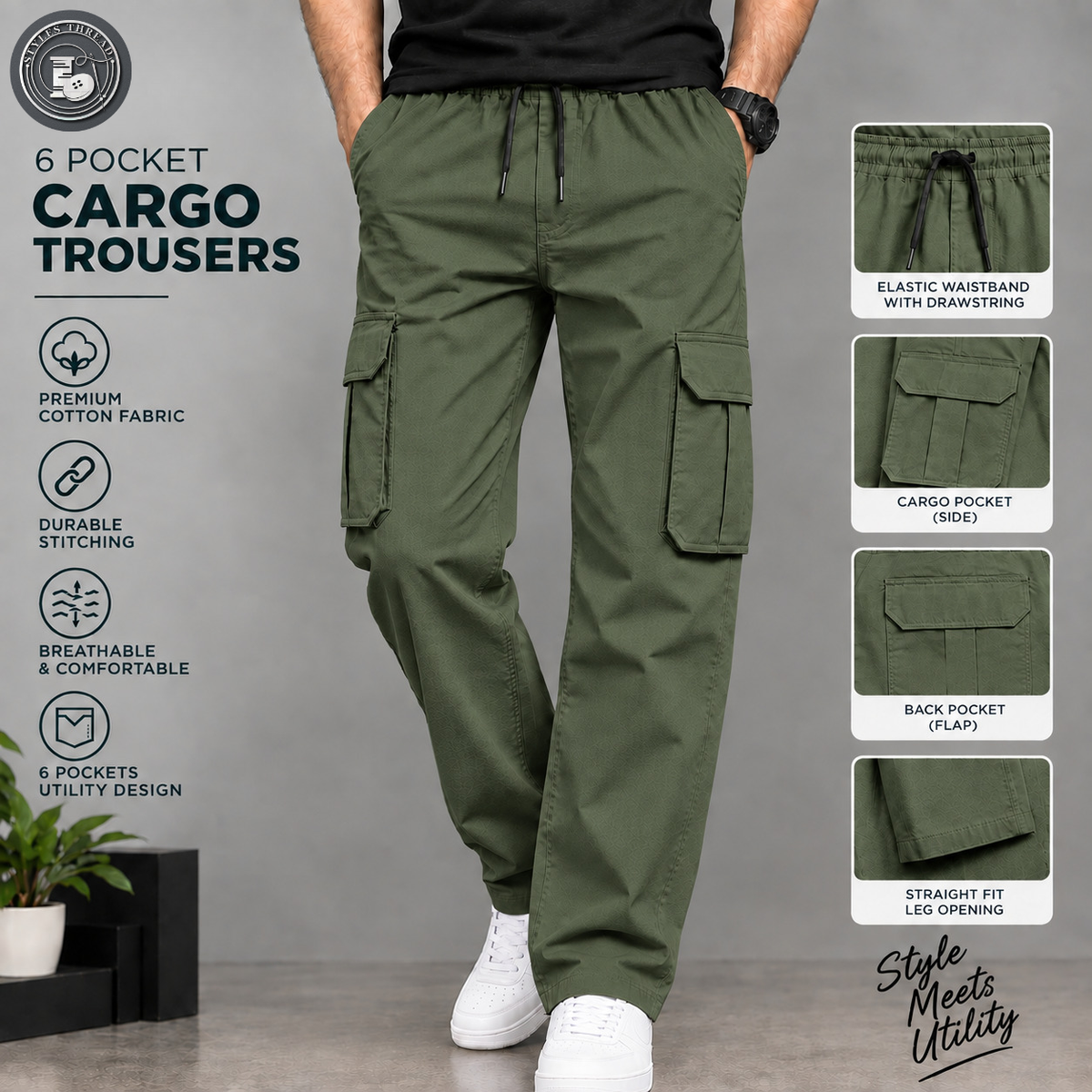 Green 6 Pocket Trousers for Men- Relax Fit Cargo Trousers