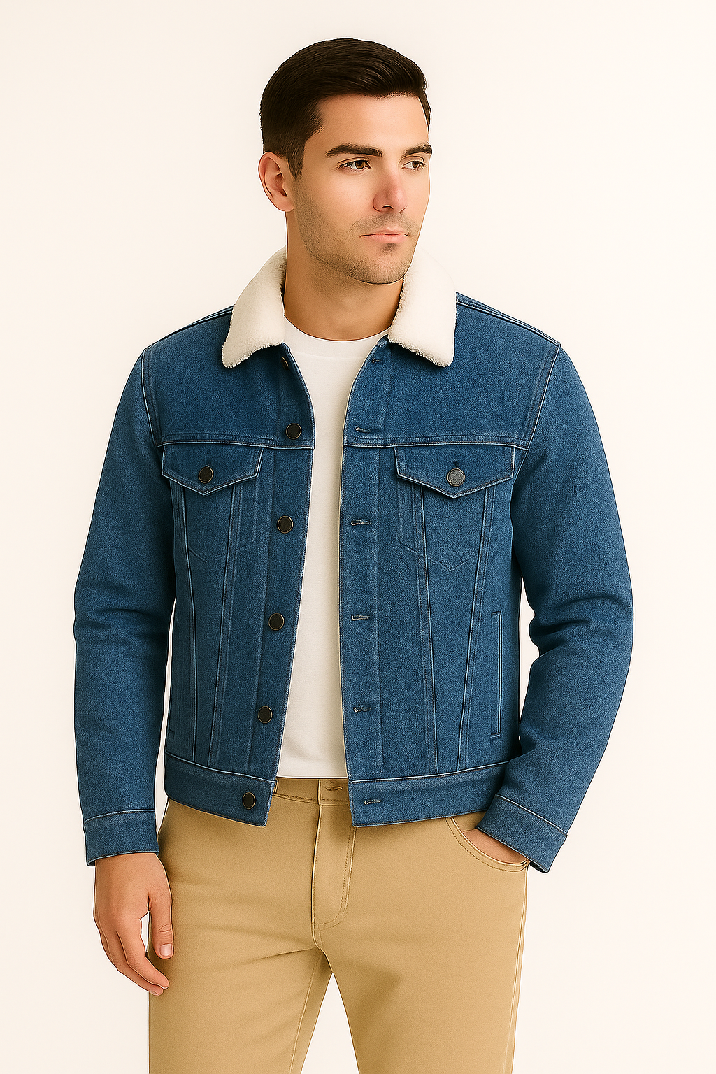 Mid Blue Denim Jacket with White Fur