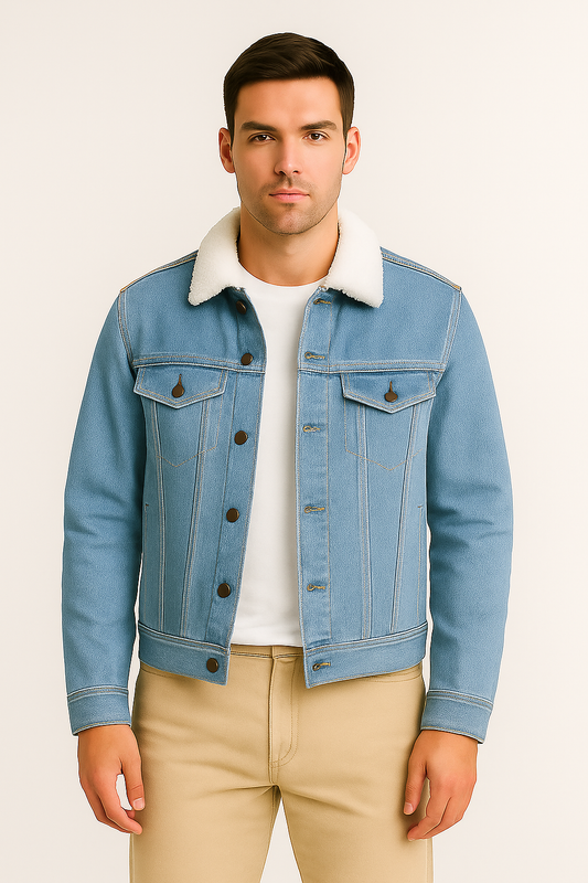 Sky Blue Denim Jacket with White Fur