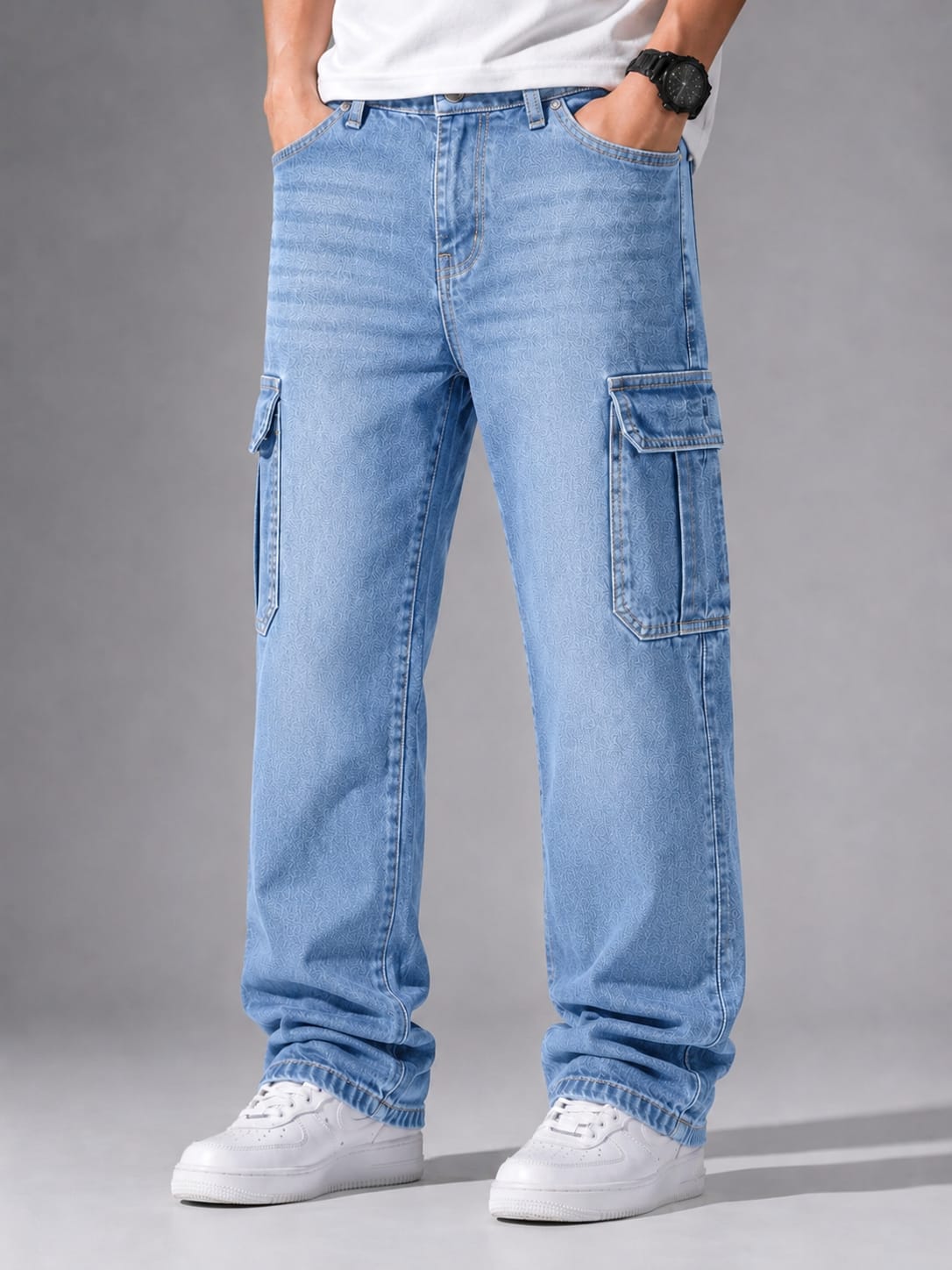 Light Blue Men’s 6-Pocket Denim Cargo Jeans