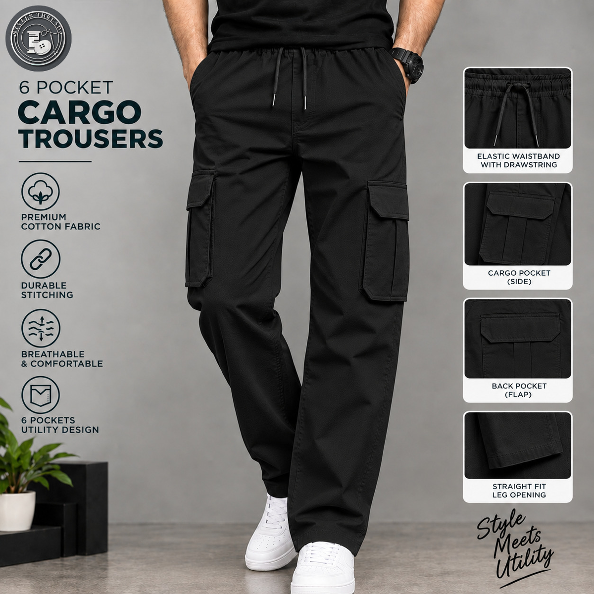 Black 6 Pocket Trousers for Men- Relax Fit Cargo Trousers