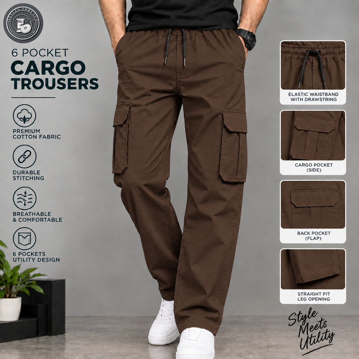 Brown 6 Pocket Trousers for Men- Relax Fit Cargo Trousers
