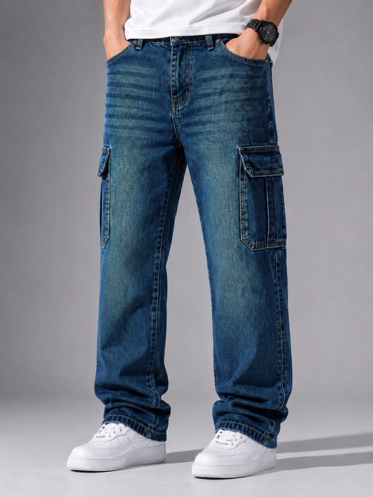 Blue Men’s 6-Pocket Denim Cargo Jeans