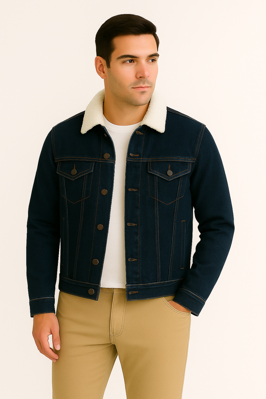 Dark Blue Denim Jacket with White Fur