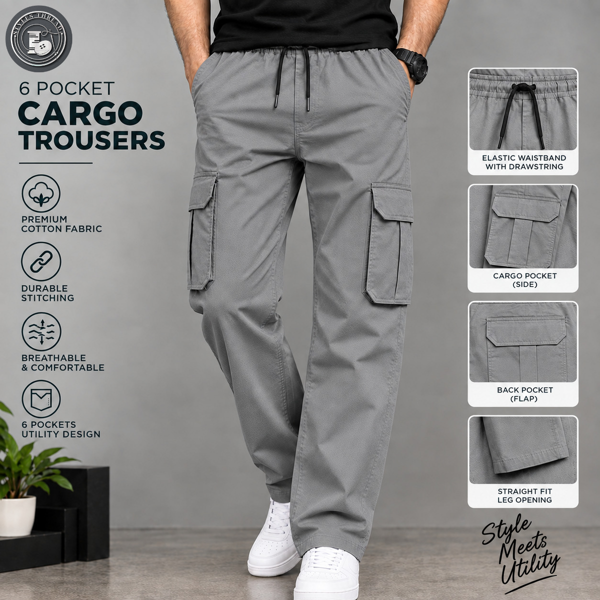 Grey 6 Pocket Trousers for Men- Relax Fit Cargo Trousers
