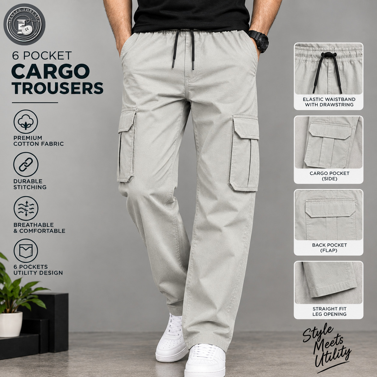 Light Grey 6 Pocket Trousers for Men- Relax Fit Cargo Trousers