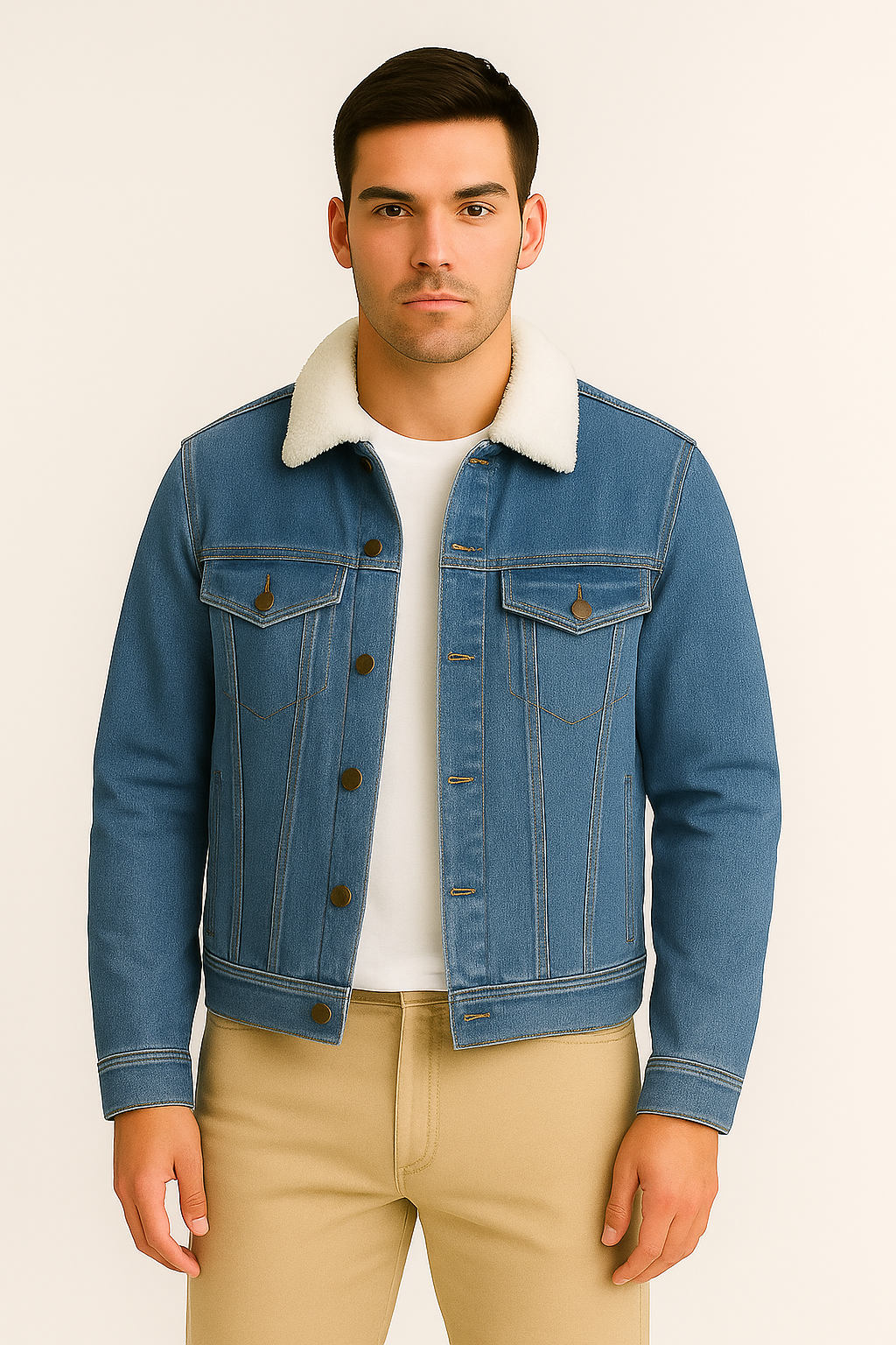 Mid Blue Denim Jacket with White Fur