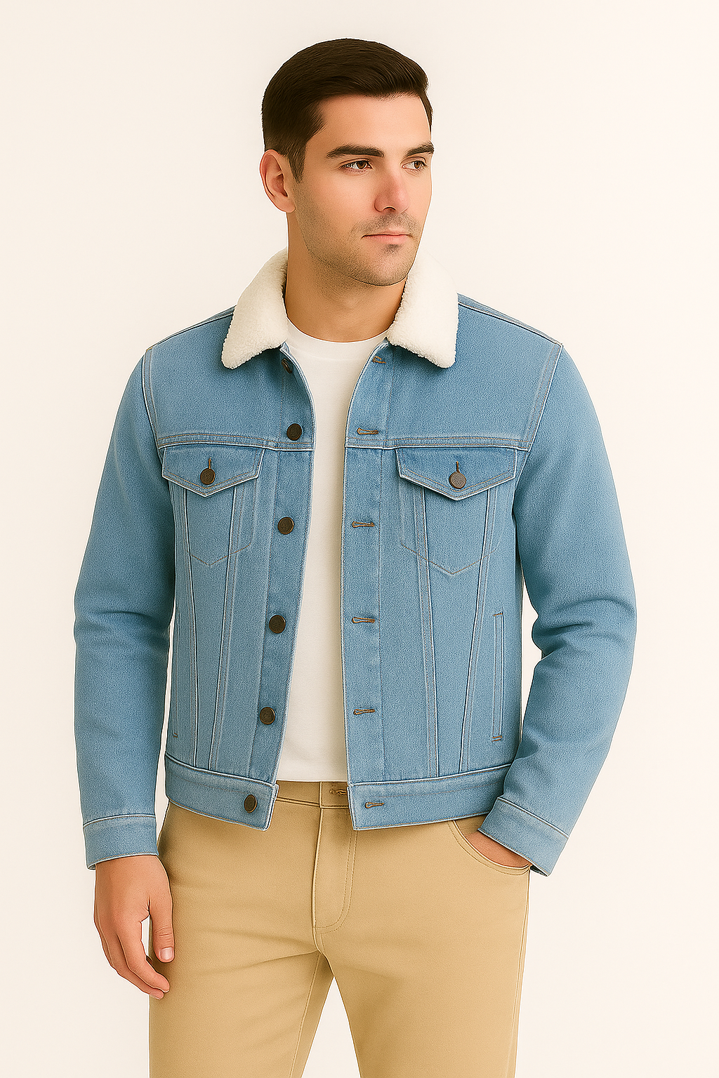 Sky Blue Denim Jacket with White Fur
