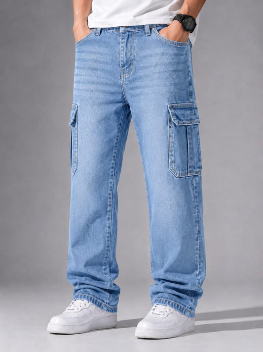 Light Blue Men’s 6-Pocket Denim Cargo Jeans