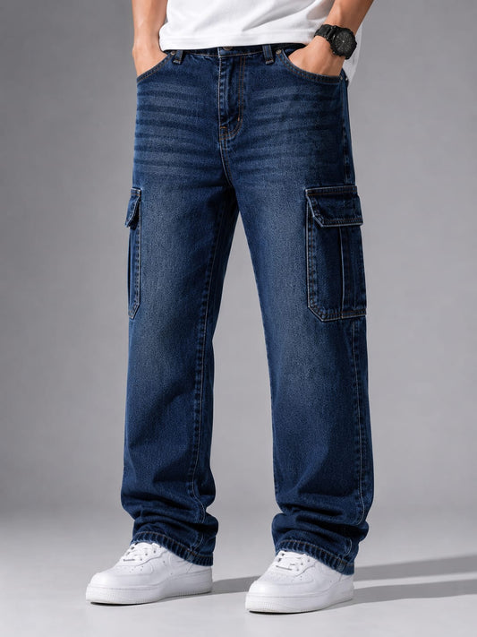 Dark Blue Men’s 6-Pocket Denim Cargo Jeans