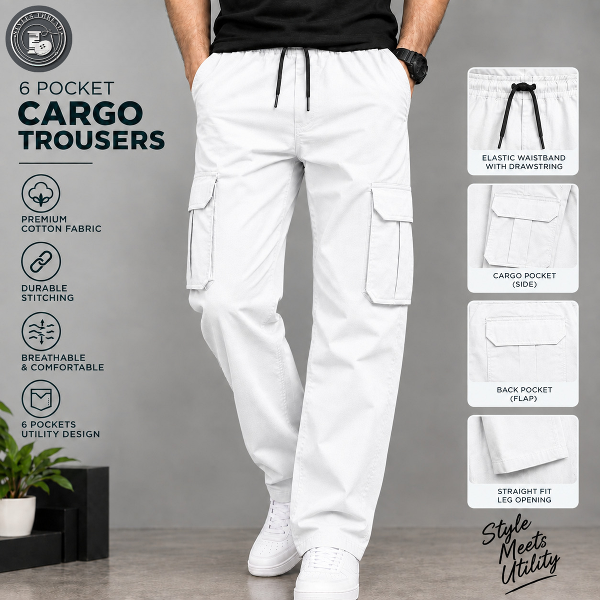 White 6 Pocket Trousers for Men- Relax Fit Cargo Trousers